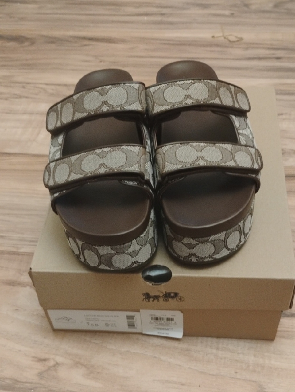 Coach Brown Signature Canvas Platform Slides with Monogram Straps